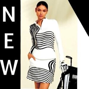 Stylish Sun Protection UPF50 Pullover & Skirt Black and White Striped 2 Piece